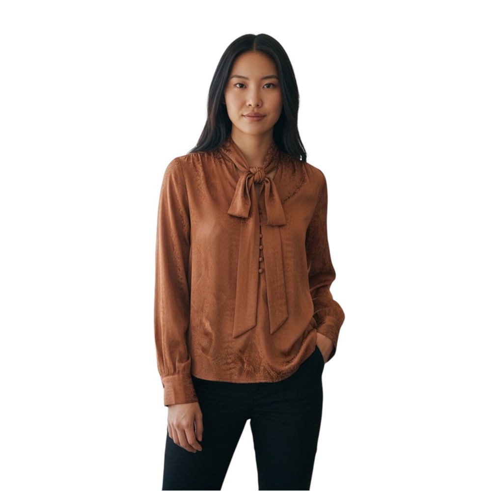 Express Copper Animal Embossed Print Long Sleeve Tie Neck Medium